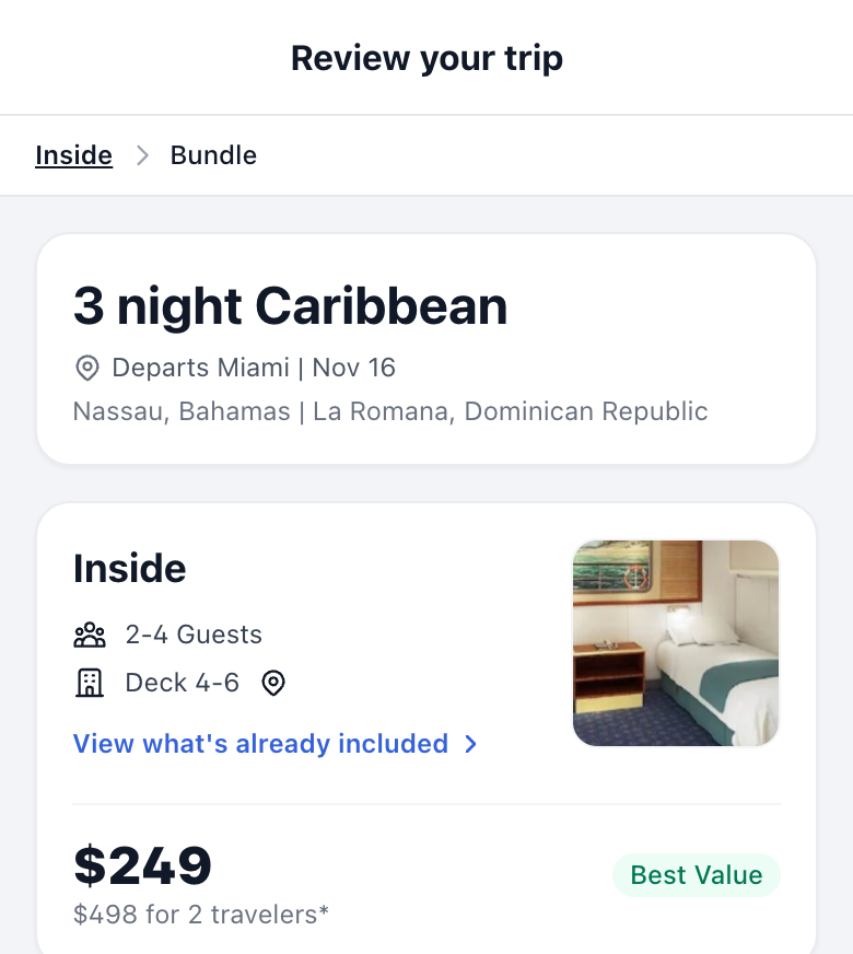 A cruise booking review page with trip details, room options and a 'Choose your room bundle' section breaking out inclusions and price.