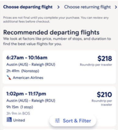 A recommended departing flights list, each option showing price, duration and stops.