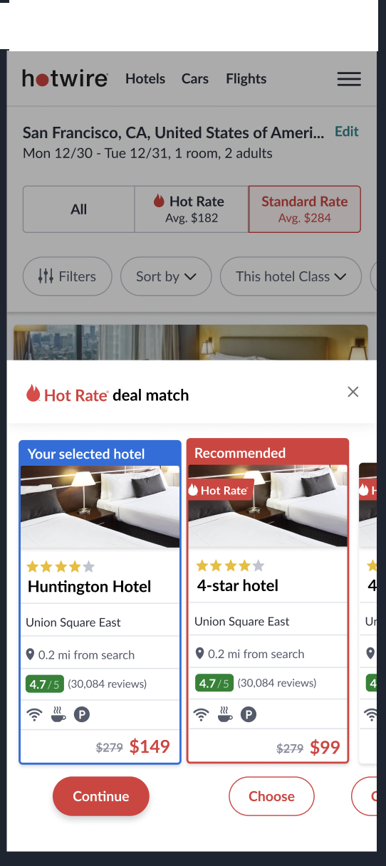 A hotel comparison screen matching a shopper's chosen hotel to a cheaper, unnamed equivalent room of the same class and location.