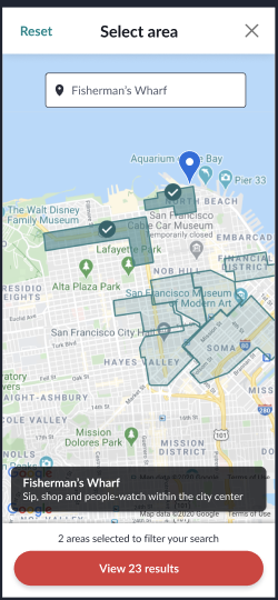 A hotel search map with two neighbourhoods selected and a results count at the bottom.